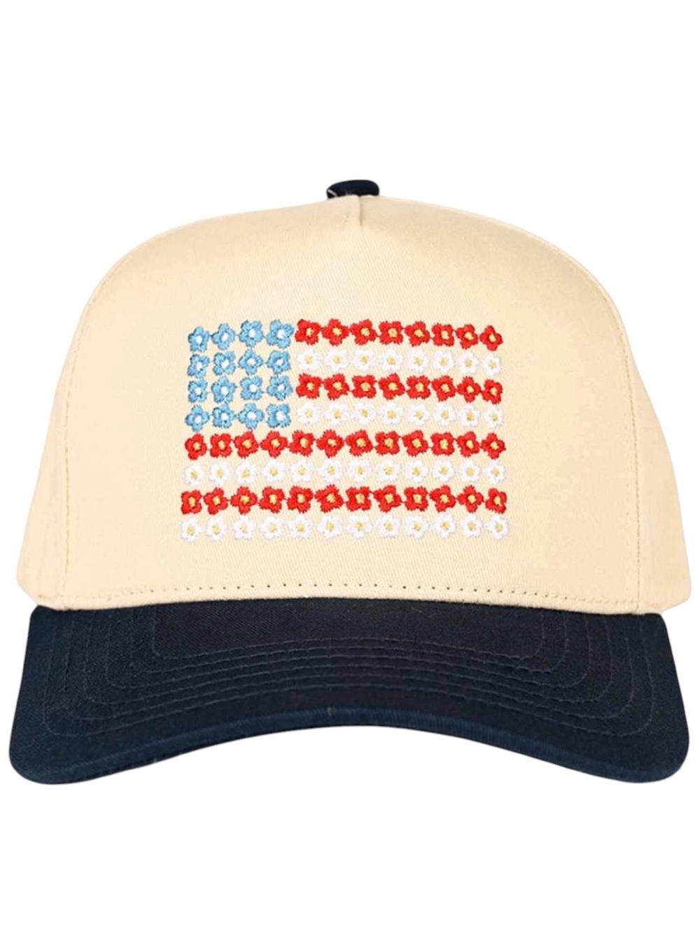 New Daisy American USA Flag Red Blue Embroidered Cream Snap Back Trucker Hat